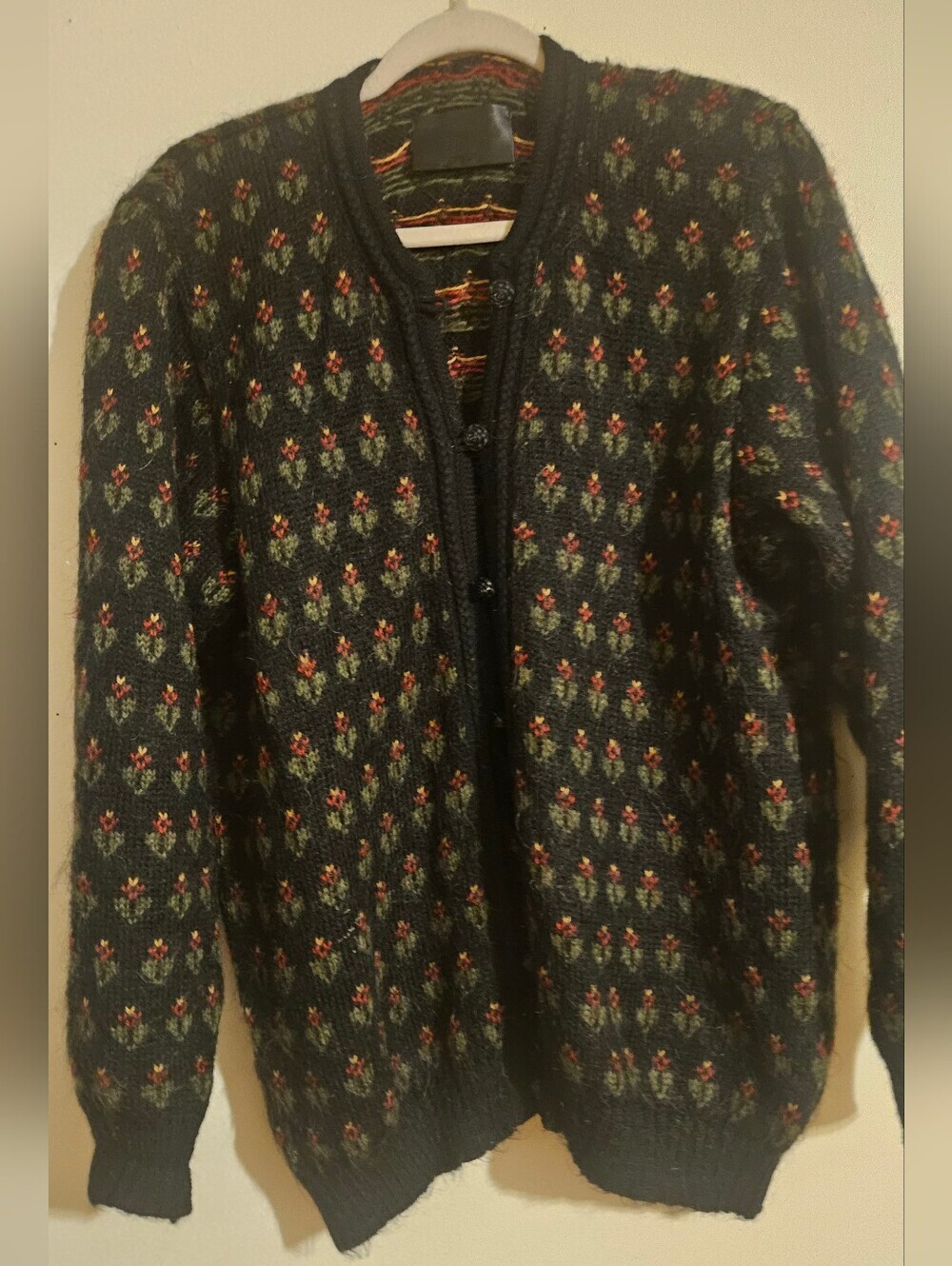 Vintage 90s Vitabella Norway Mohair Cardigan Black Floral Knit Sweater Womens L